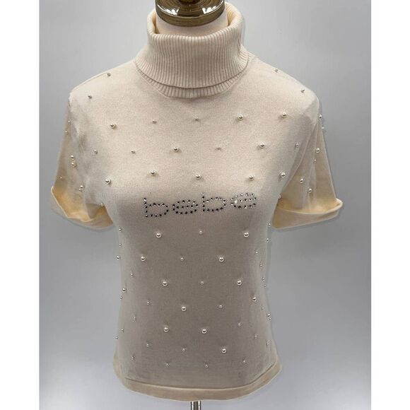 Bebe Cream Short Sleeve Turtleneck Pearl Sequin Logo Sweater- L - Picture 2 of 12